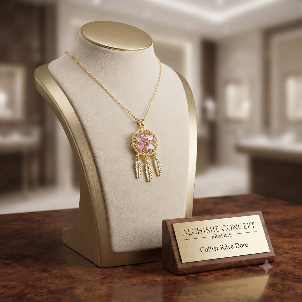 Collier Doré Pendentif Attrape-Rêves & Zirconiums Rose Sertis – Chaîne 45 cm Plaqué Or 1 Micron