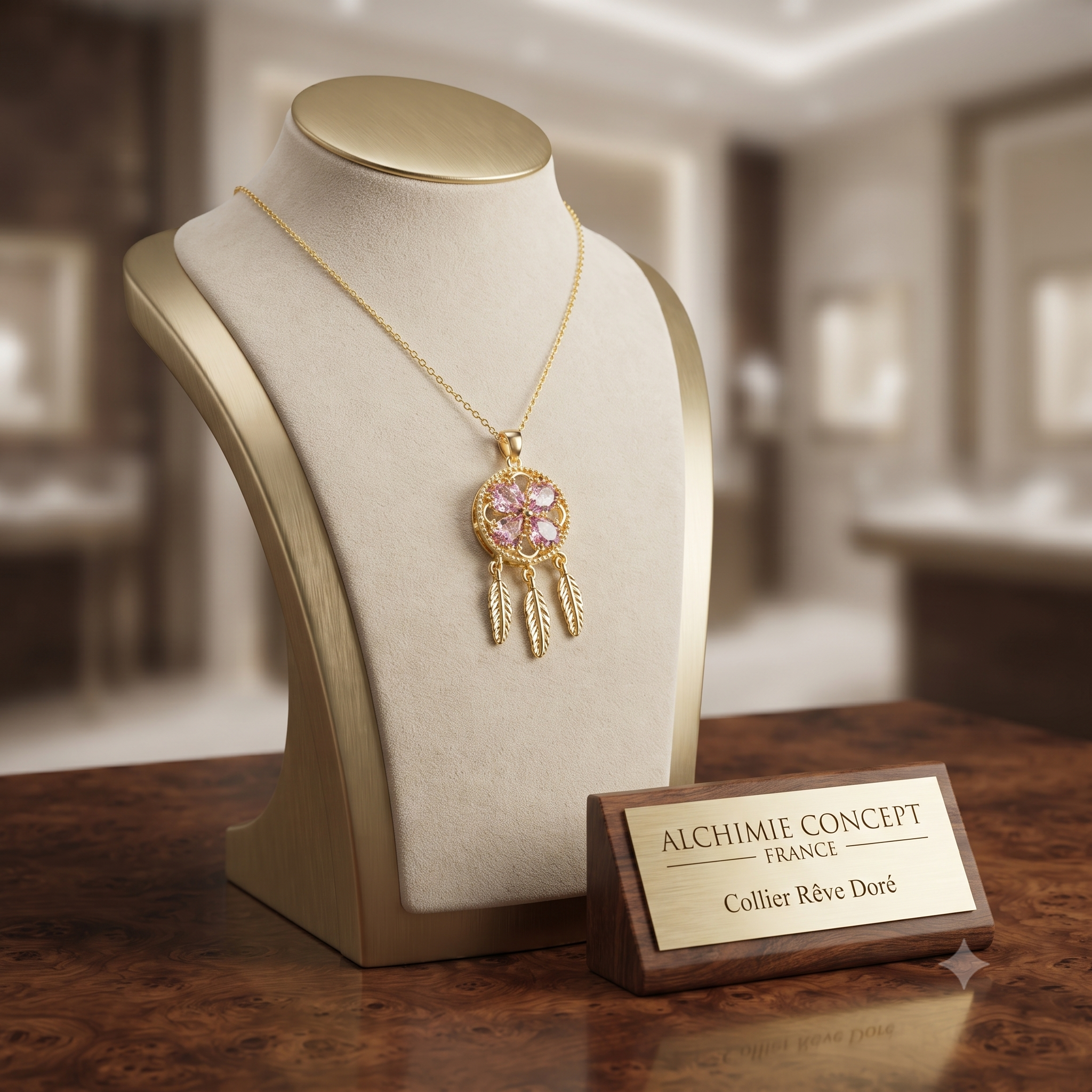 Collier Doré Pendentif Attrape-Rêves & Zirconiums Rose Sertis – Chaîne 45 cm Plaqué Or 1 Micron