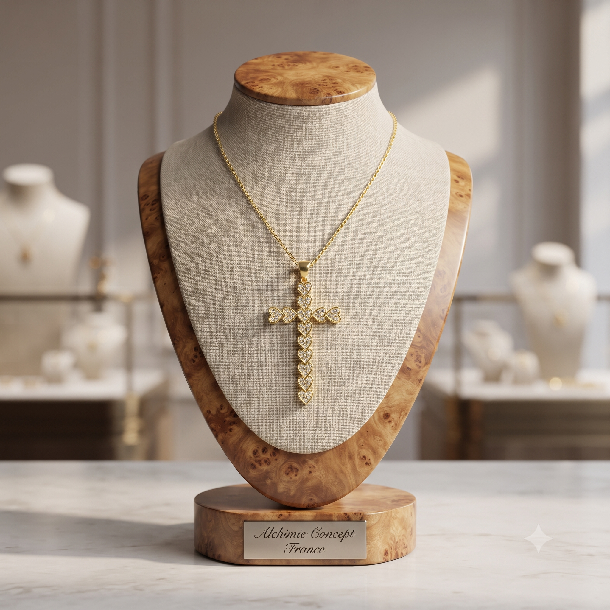 Collier Doré Pendentif Croix Cœurs Zirconiums – Chaîne 45 cm | Bijou Chic & Intemporel