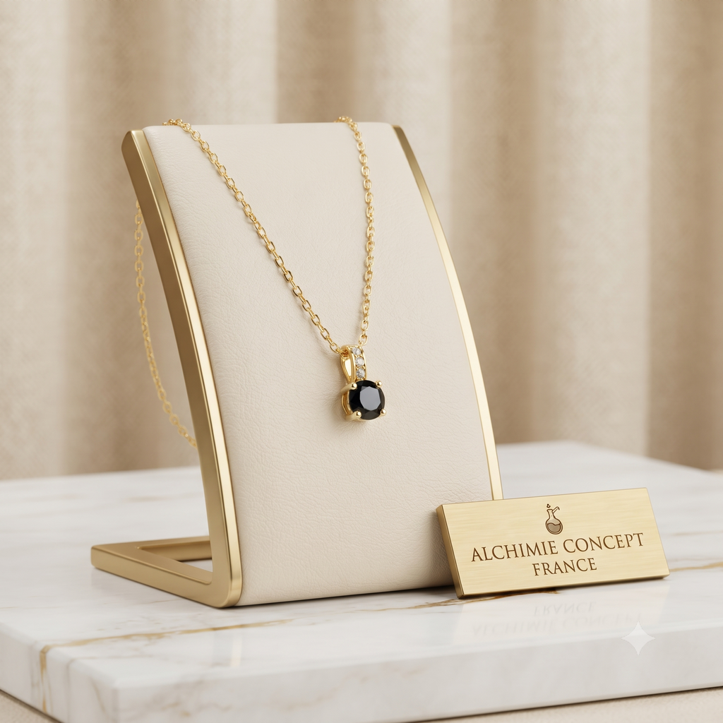 Collier Pendentif Oxyde Noir & Zirconiums sur Bélière Dorée – Plaqué Or 1 Micron