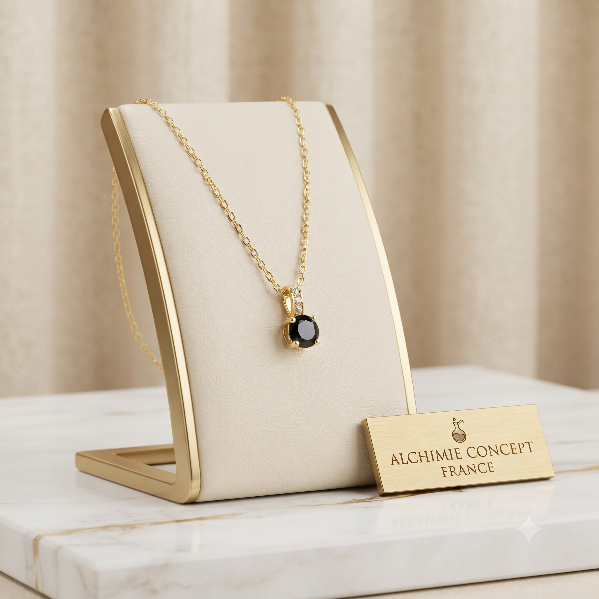 Collier Pendentif Oxyde Noir & Zirconiums sur Bélière Dorée – Plaqué Or 1 Micron