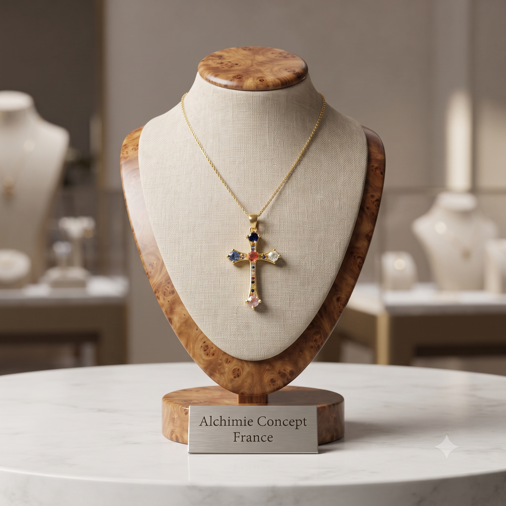 Collier Doré Chaîne Délicate & Pendentif Croix Zirconiums Colorés Sertis