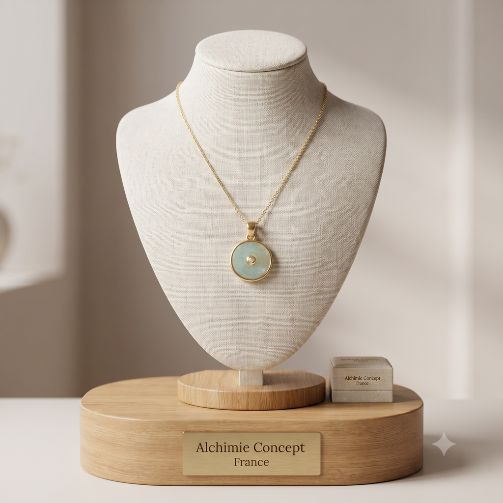 Collier Pendentif Amazonite Pierre Naturelle Doré à l'Or Fin – Plaqué Or 1 Micron