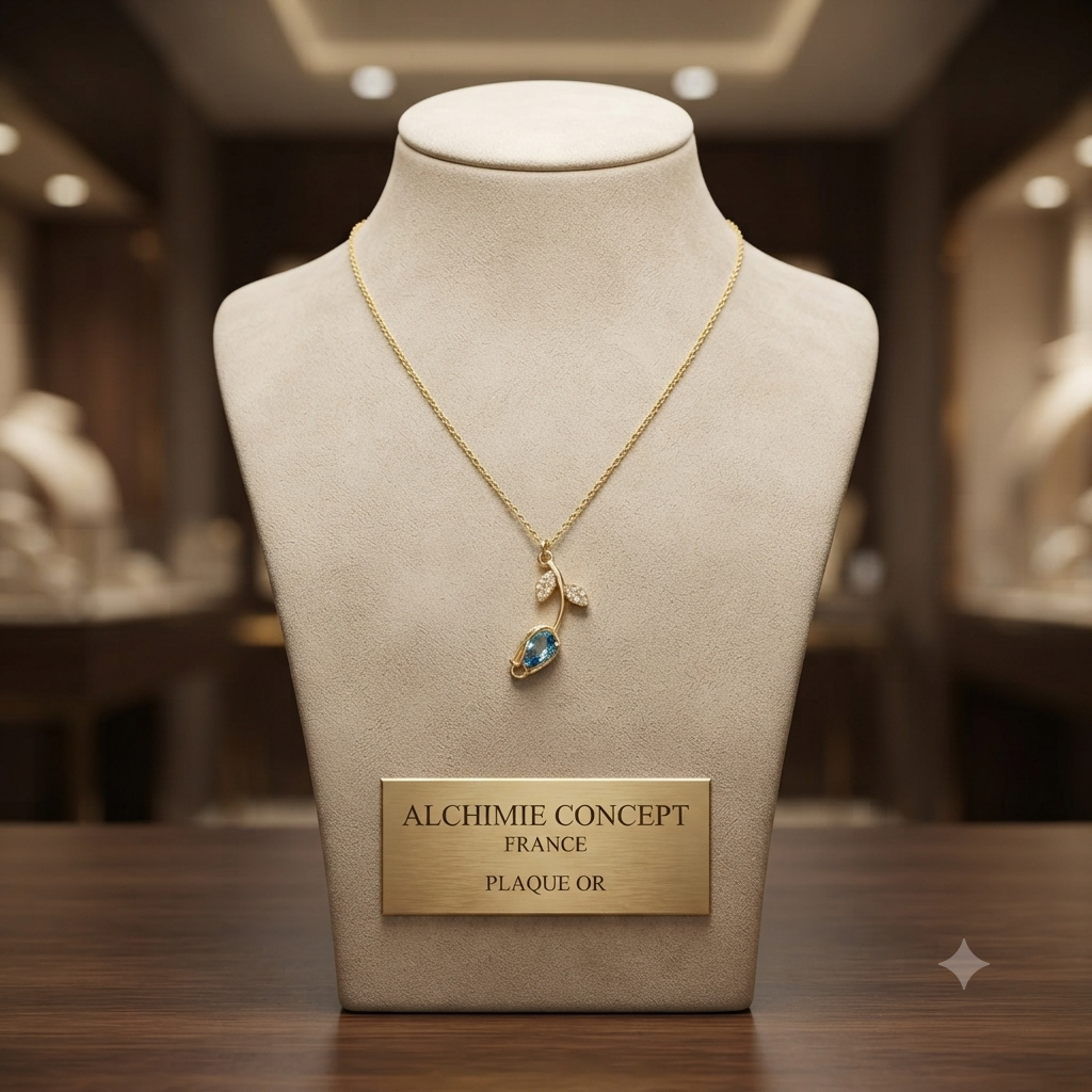 Collier Chaîne Pendentif Fleur Zirconiums Sertis Bleu - Doré | Élégance & Sophistication