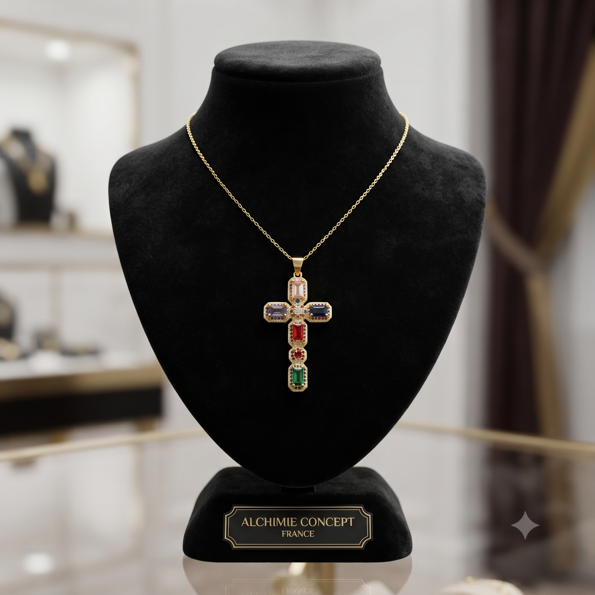 Collier Doré Pendentif Croix Zirconiums Colorés – Chaîne 45 cm | Bijou Original