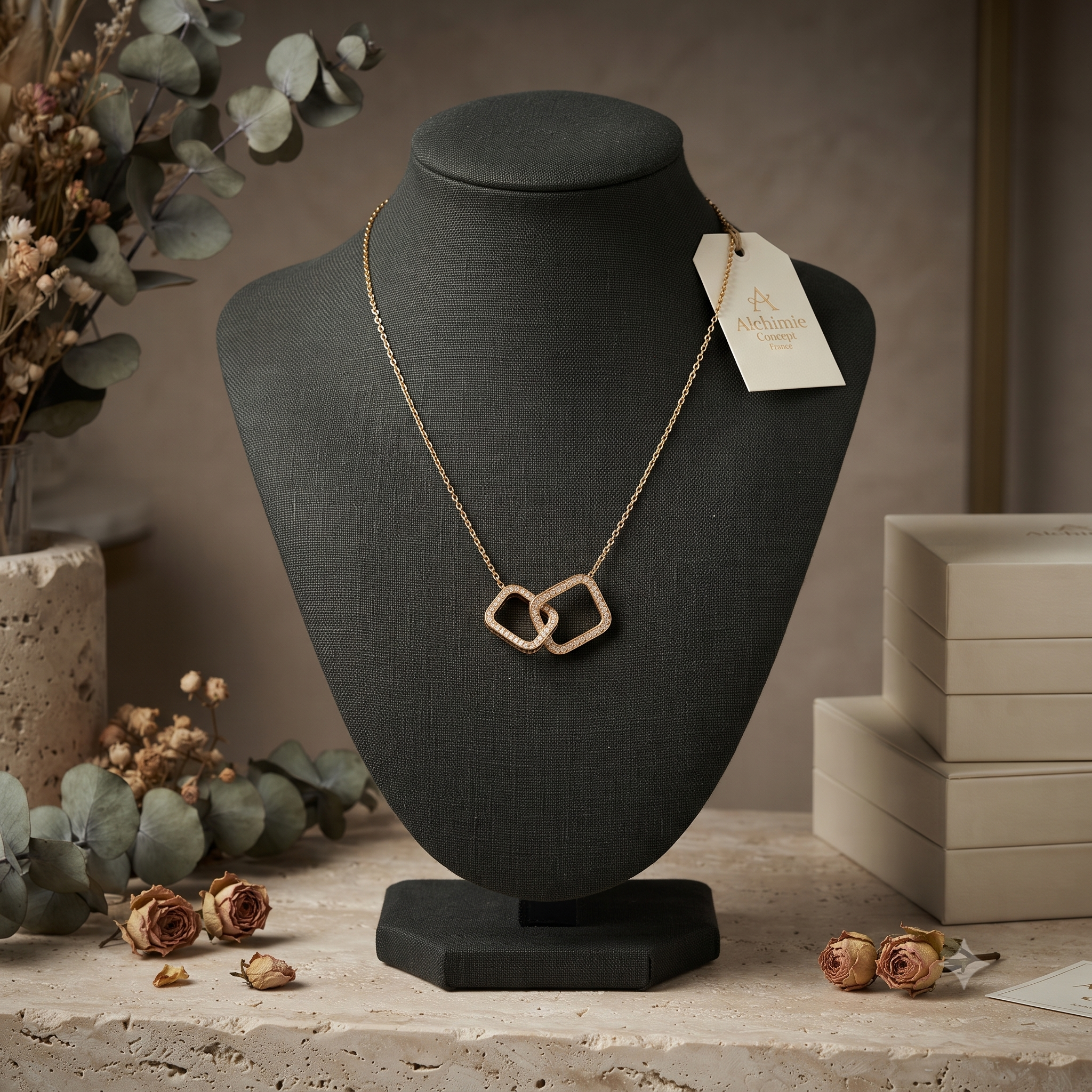 Collier Doré Carrés Imbriqués – Zirconiums Sertis | Design Géométrique Élégant