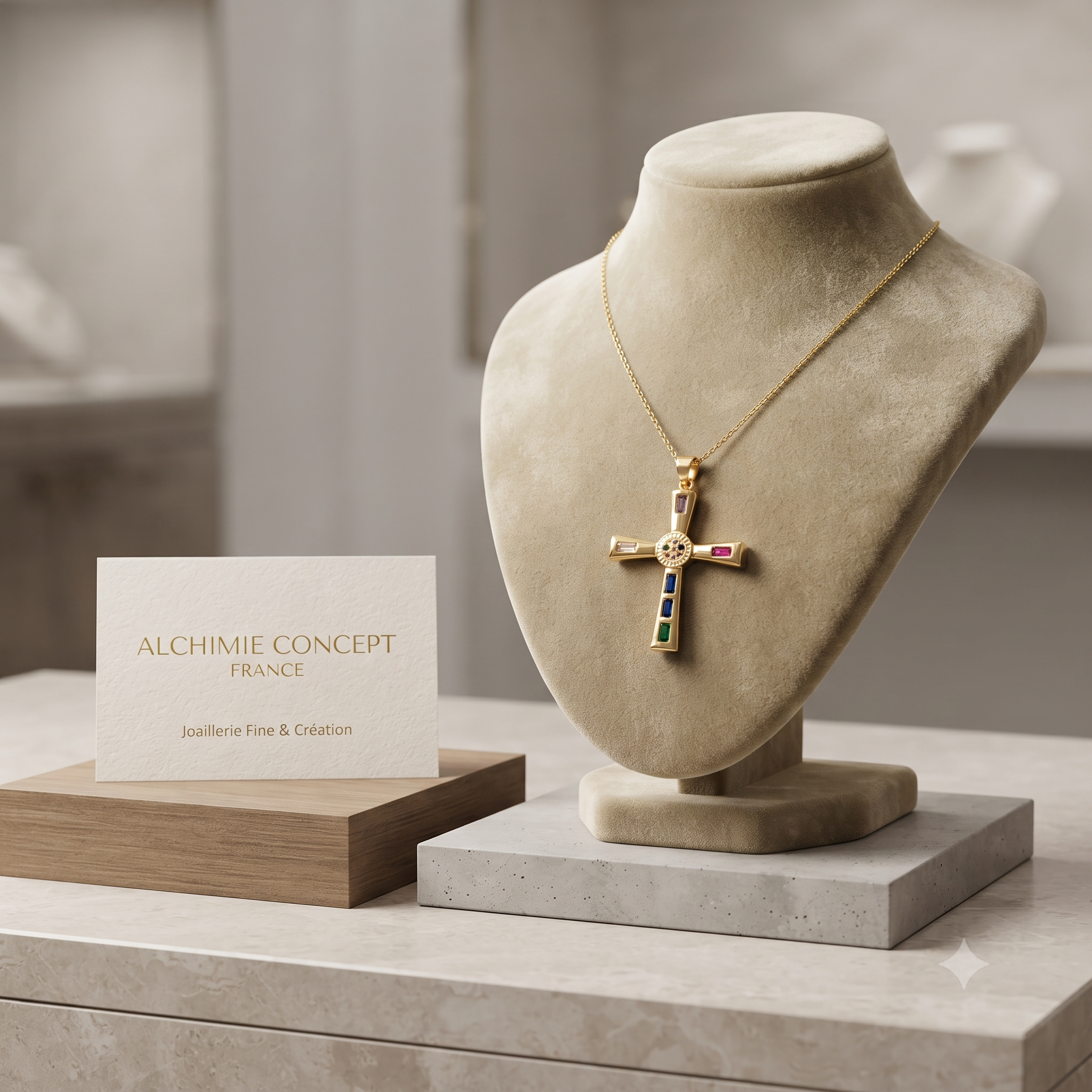 Collier Pendentif Croix Oxydes Zirconium Multicolores Doré – Plaqué Or 1 Micron