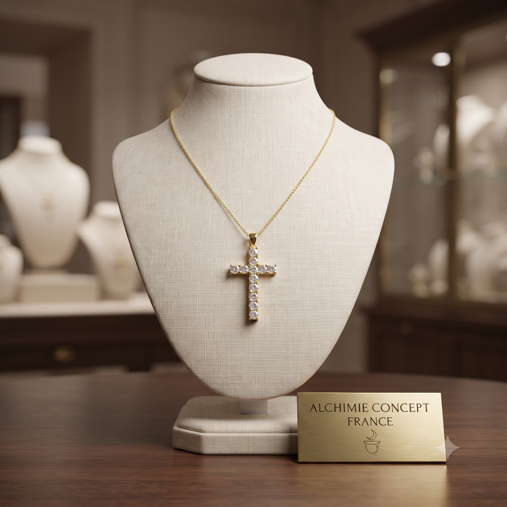 Collier Pendentif Croix Zirconiums Sertis – Plaqué Or 1 Micron