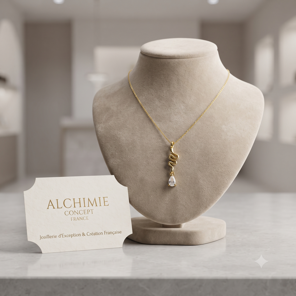 Collier Pendentif Serpent Oxyde Blanc Doré – Plaqué Or 1 Micron | Bijou Femme Élégant