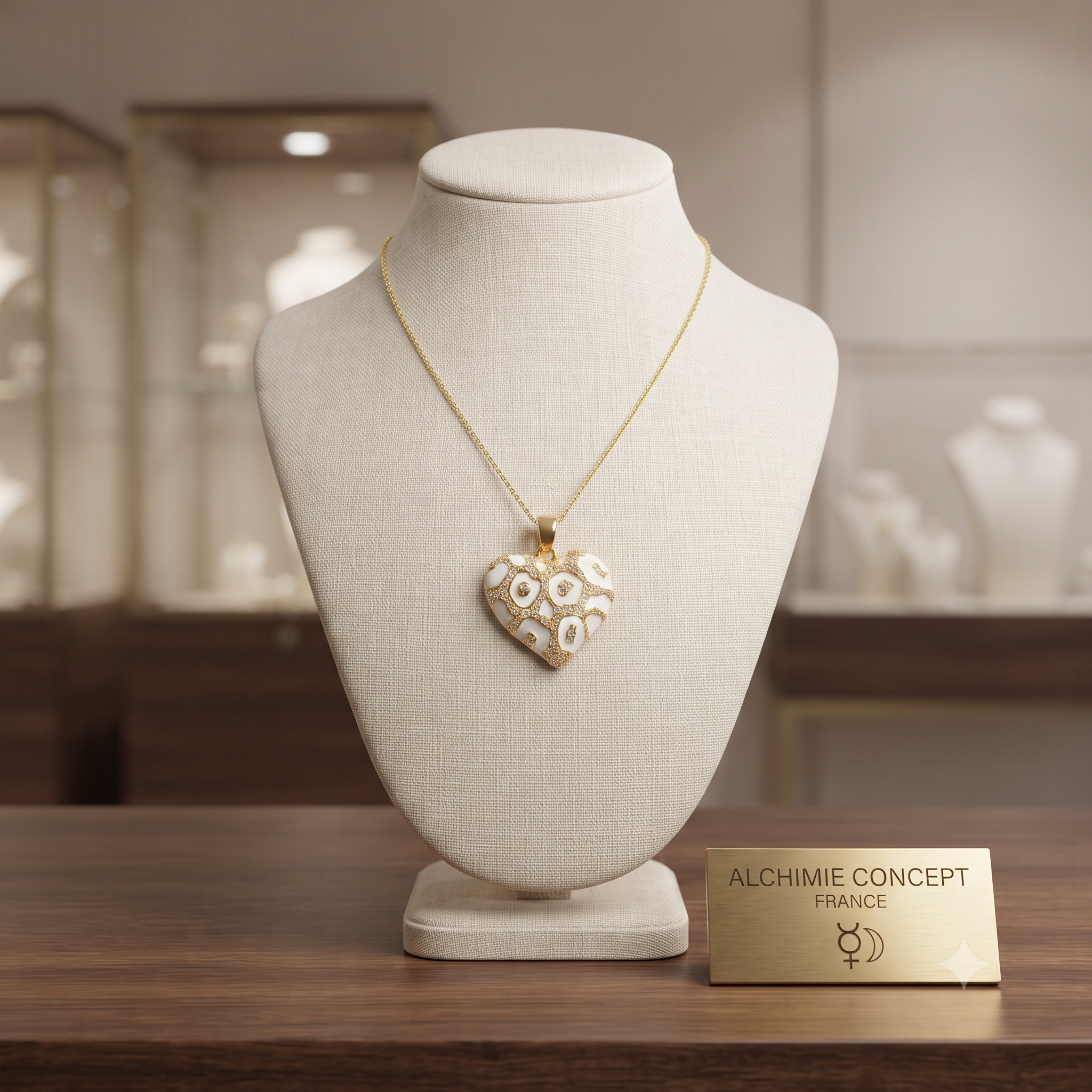 Collier Doré Pendentif Cœur Émail Zirconiums Sertis – Plaqué Or 1 Micron