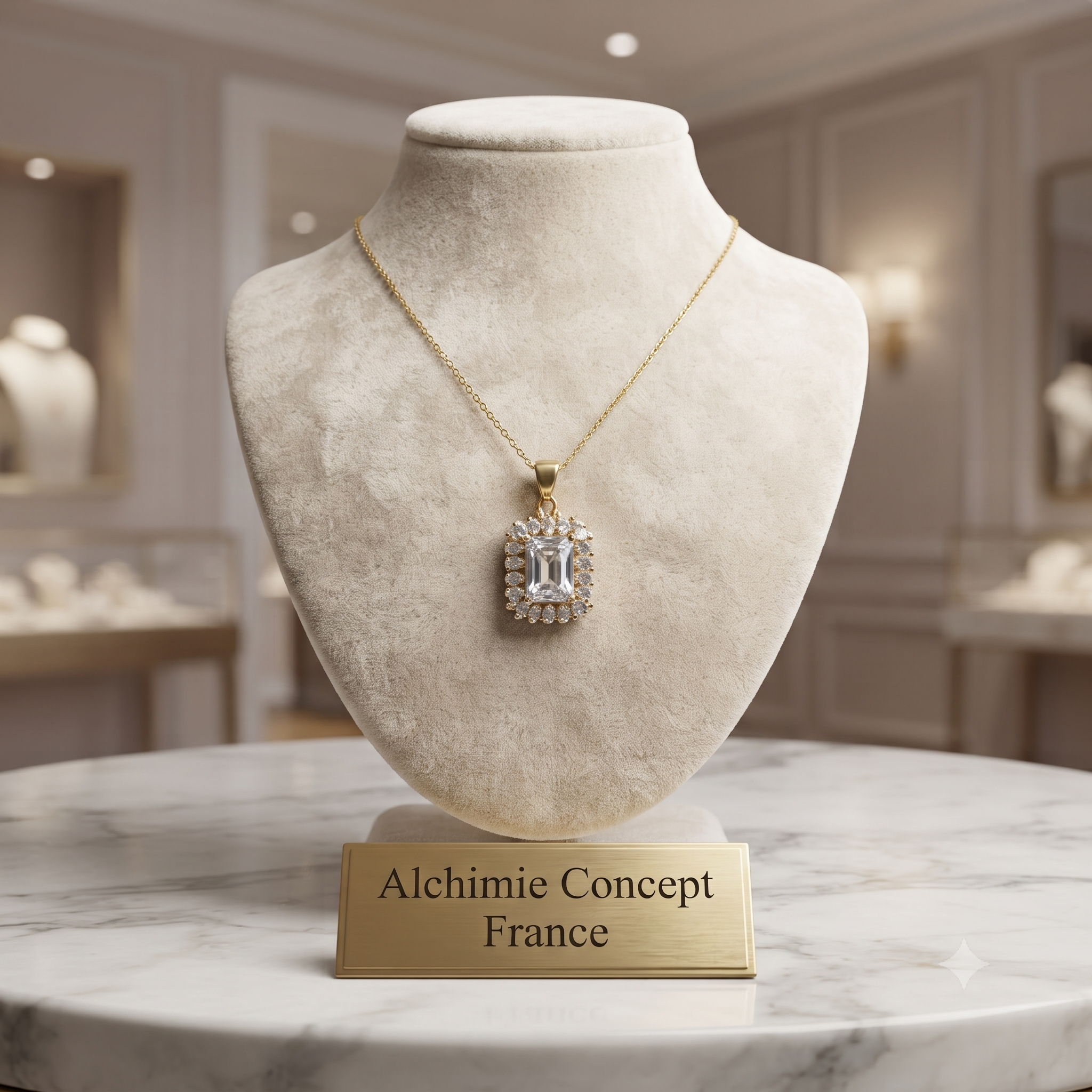 Collier Pendentif Carré Oxyde Blanc & Zirconiums Doré – Plaqué Or 1 Micron | Bijou Femme