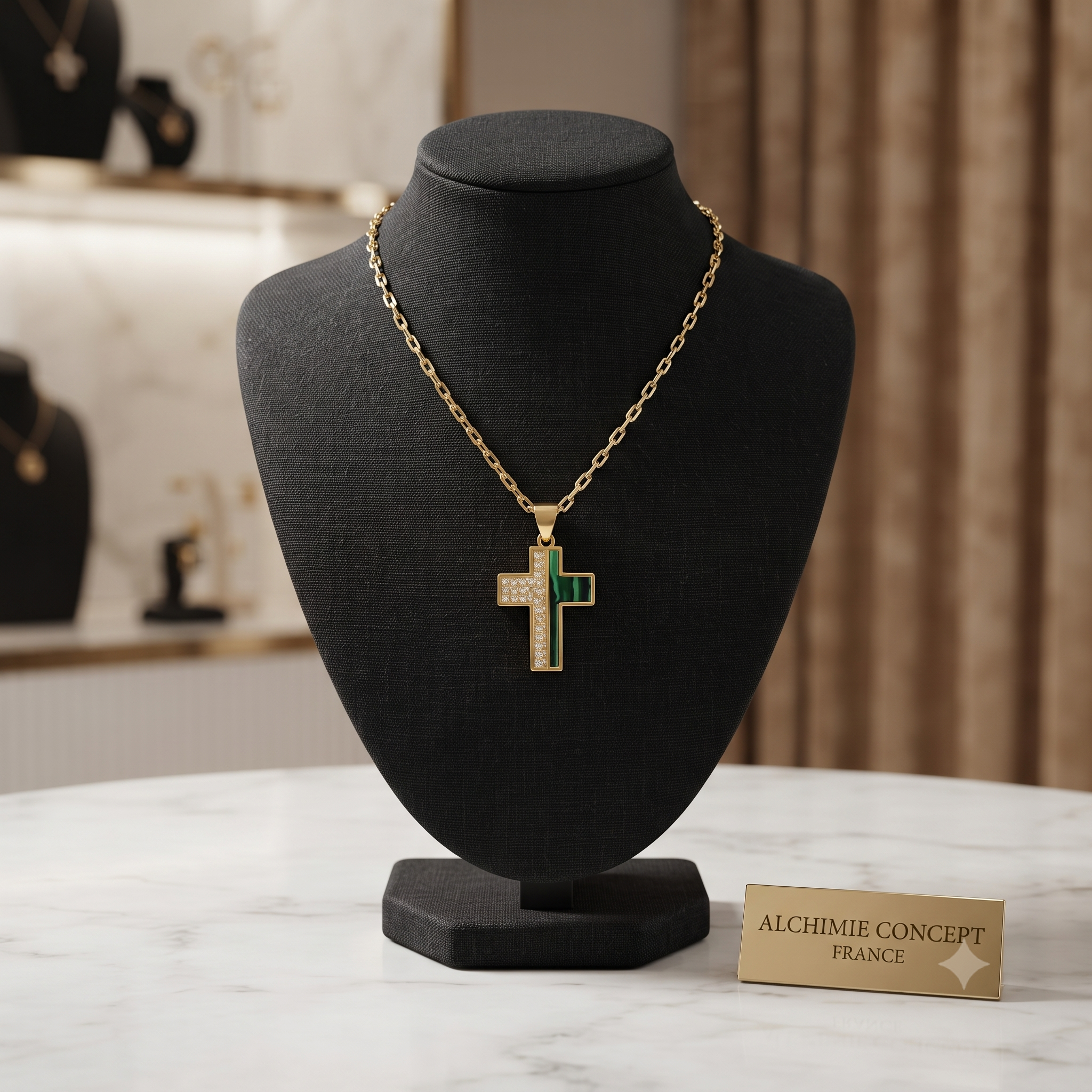 Collier Pendentif Croix Malachite Naturelle & Zirconiums Doré – Plaqué Or 1 Micron