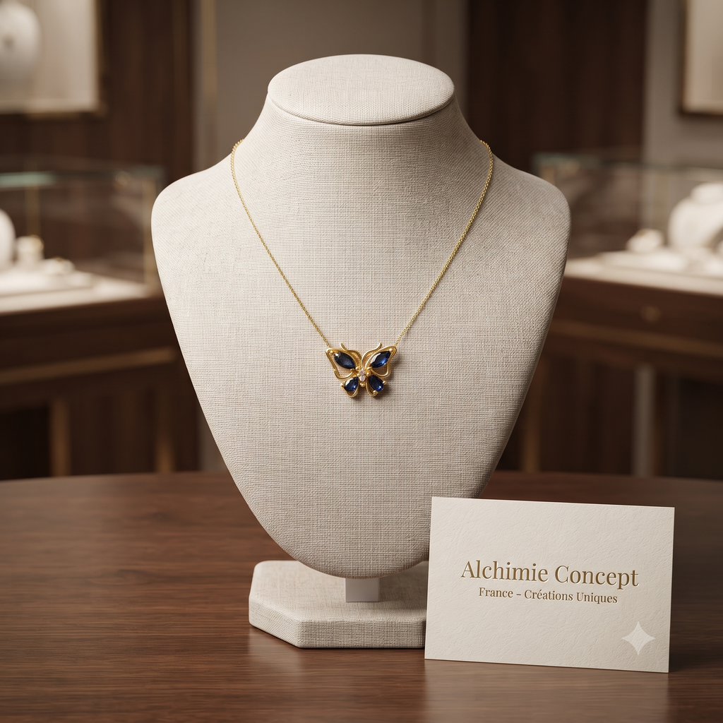 Collier Doré Papillon – Zirconiums Bleus Sertis | Grâce & Élégance Intemporelle