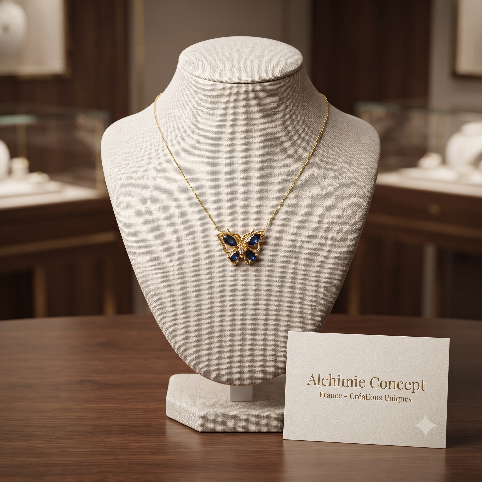 Collier Doré Papillon – Zirconiums Bleus Sertis | Grâce & Élégance Intemporelle