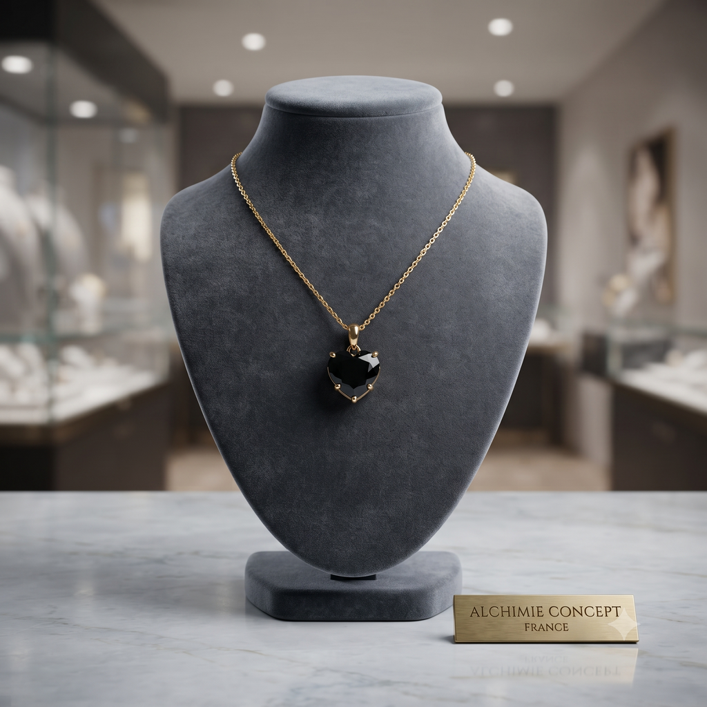 Collier Doré Pendentif Cœur Zirconium Noir – Chaîne 45 cm | Bijou Glamour