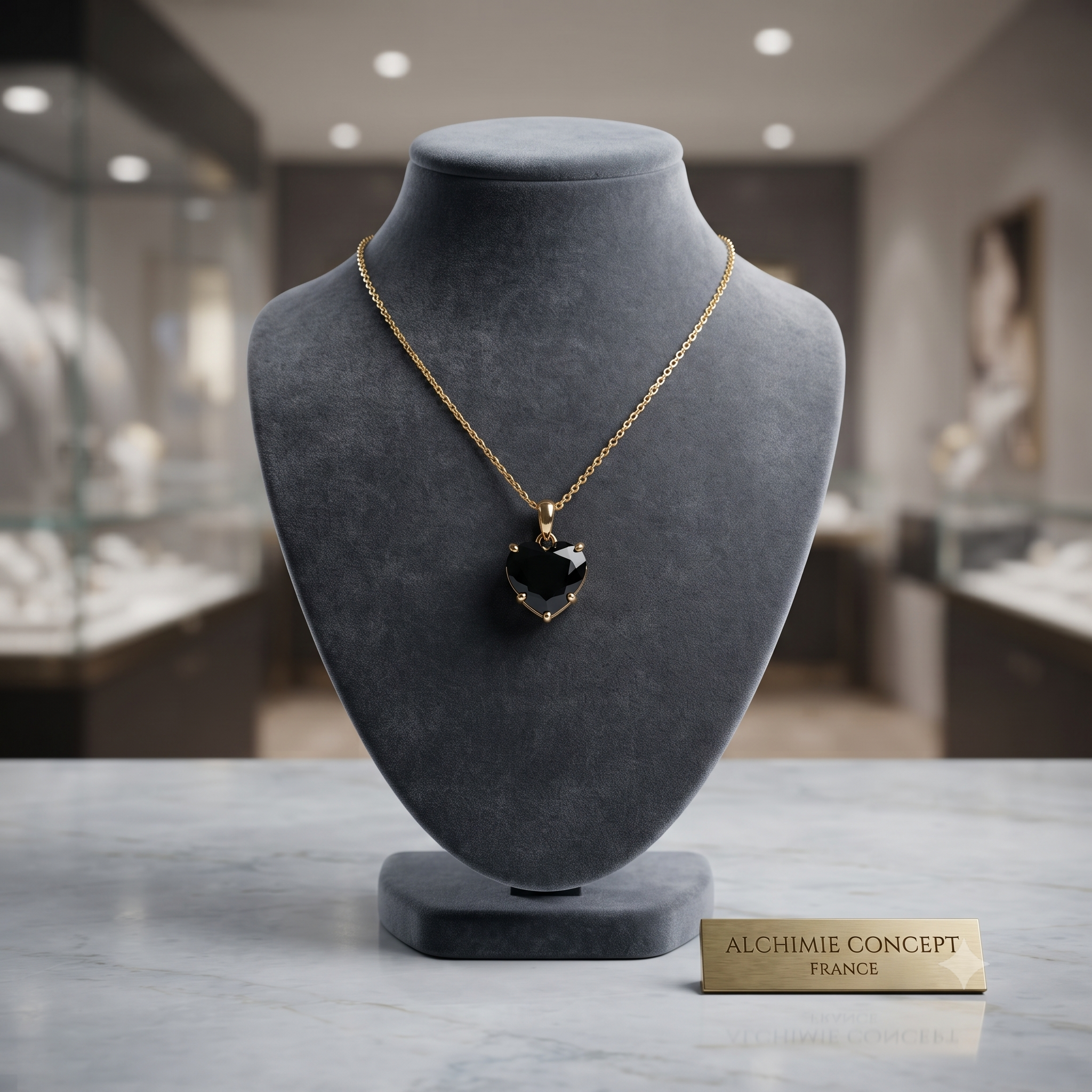 Collier Doré Pendentif Cœur Zirconium Noir – Chaîne 45 cm | Bijou Glamour