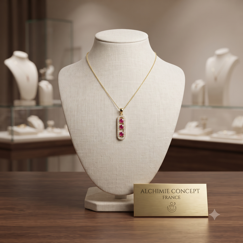 Collier Pendentif Danseuse 3 Zirconiums Fuchsia Éclatants Doré – Plaqué Or 1 Micron | Bijou Femme