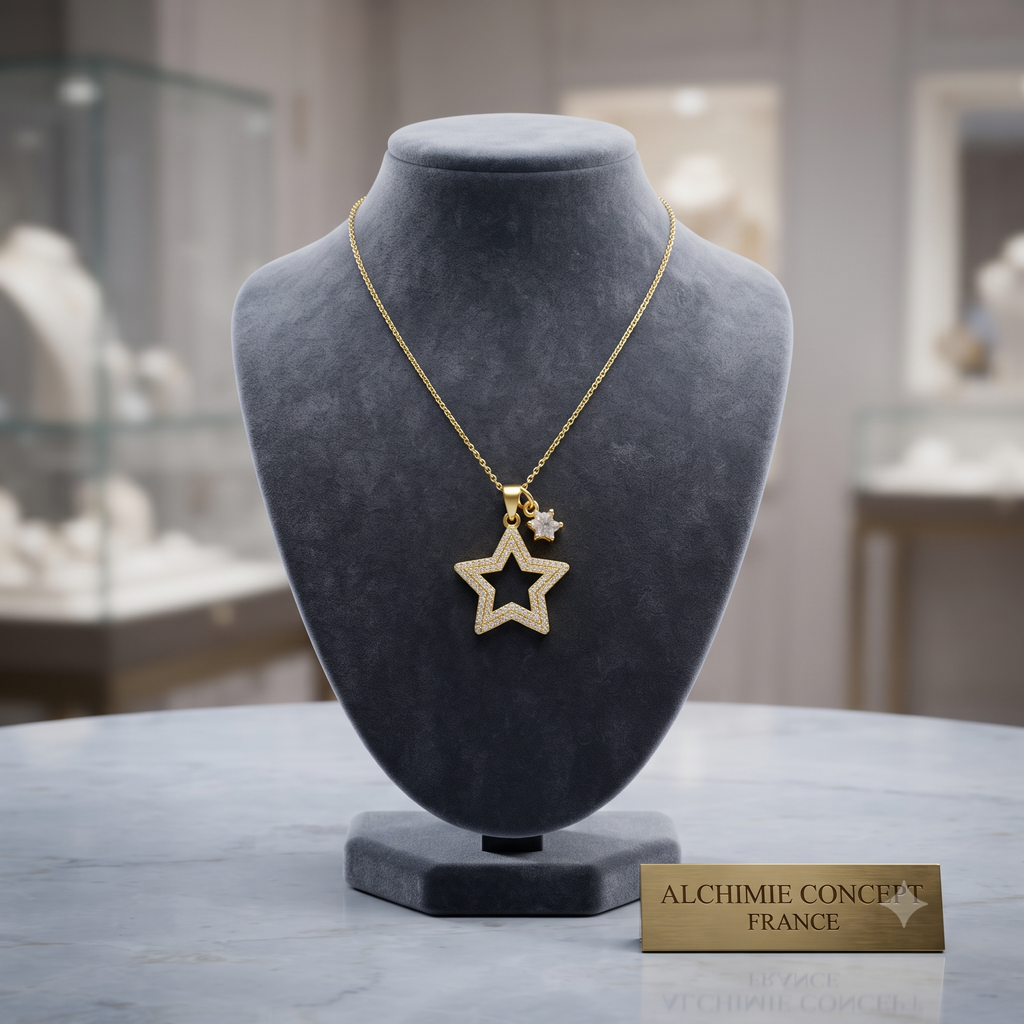 Collier Doré Pendentif Étoile Scintillante & Zirconiums Sertis | Bijou Femme Luxe