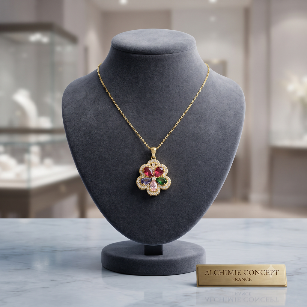 Collier Doré Pendentif Fleur Zirconiums Colorés – Chaîne 45 cm | Bijou Tendance