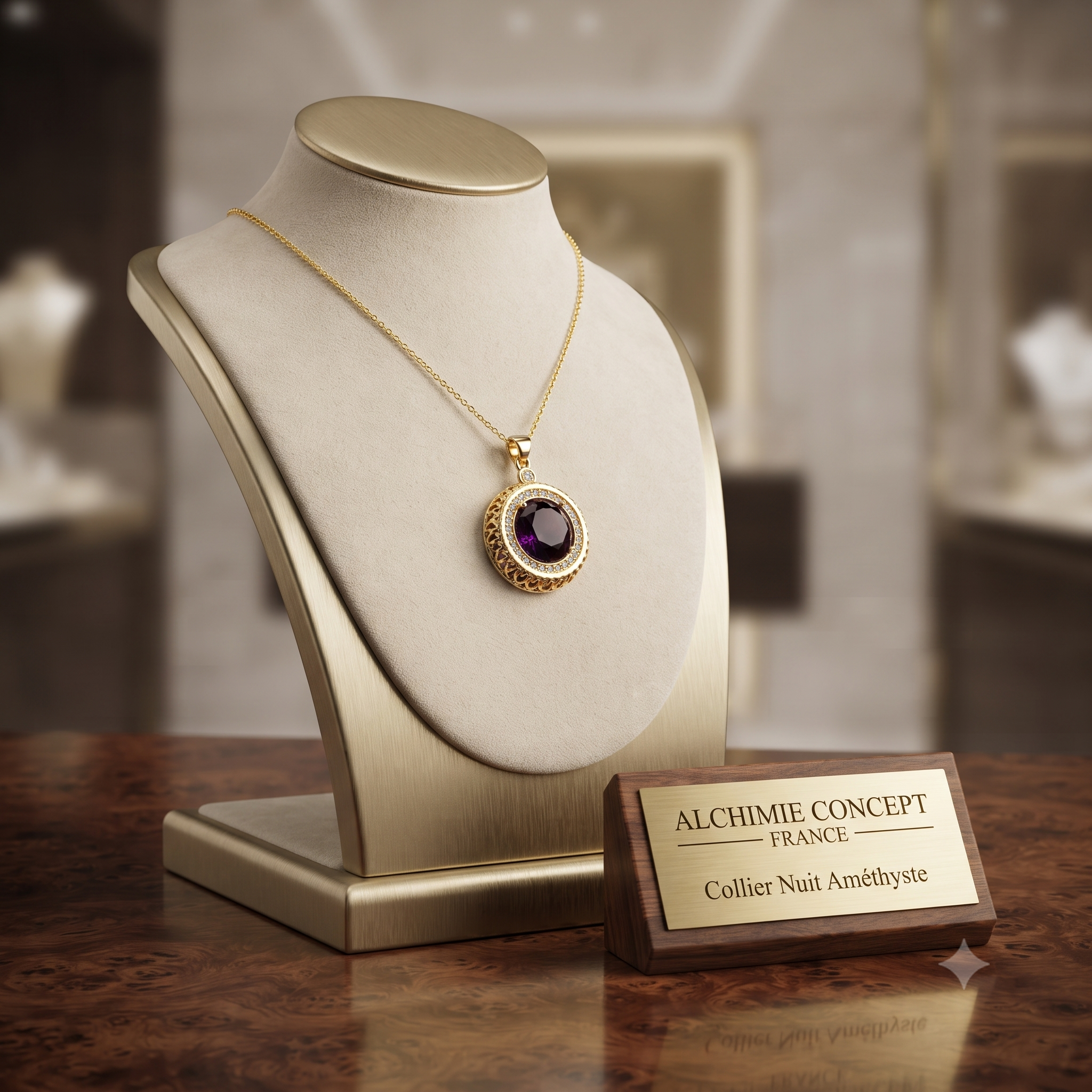 Collier Doré Pendentif Rosace Mauve Orné de Zirconiums Sertis | Chaîne 45 cm