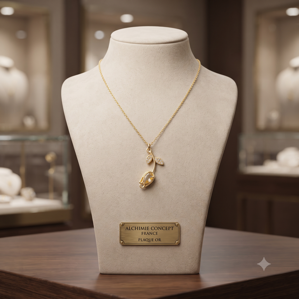 Collier Chaîne Pendentif Fleur Zirconiums Sertis Jaune Orangé - Doré | Élégance Fleurie