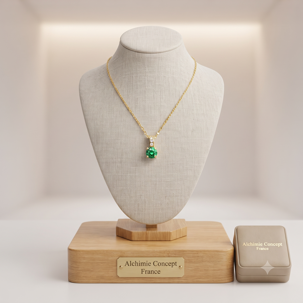 Collier Pendentif Oxyde Vert & Zirconiums sur Bélière Dorée – Plaqué Or 1 Micron