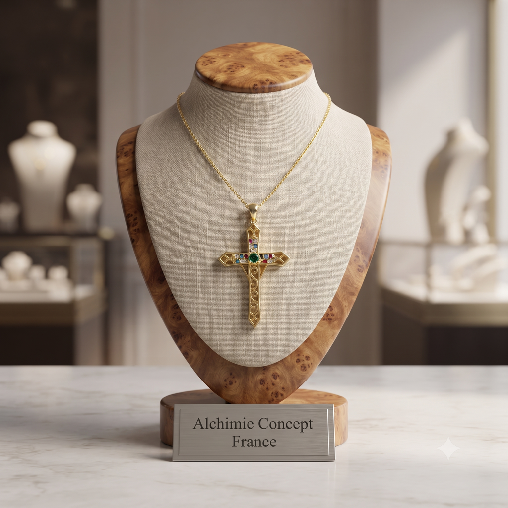 Collier Doré Pendentif Croix Zirconiums Colorés – Chaîne 45 cm | Bijou Tendance & Sophistiqué