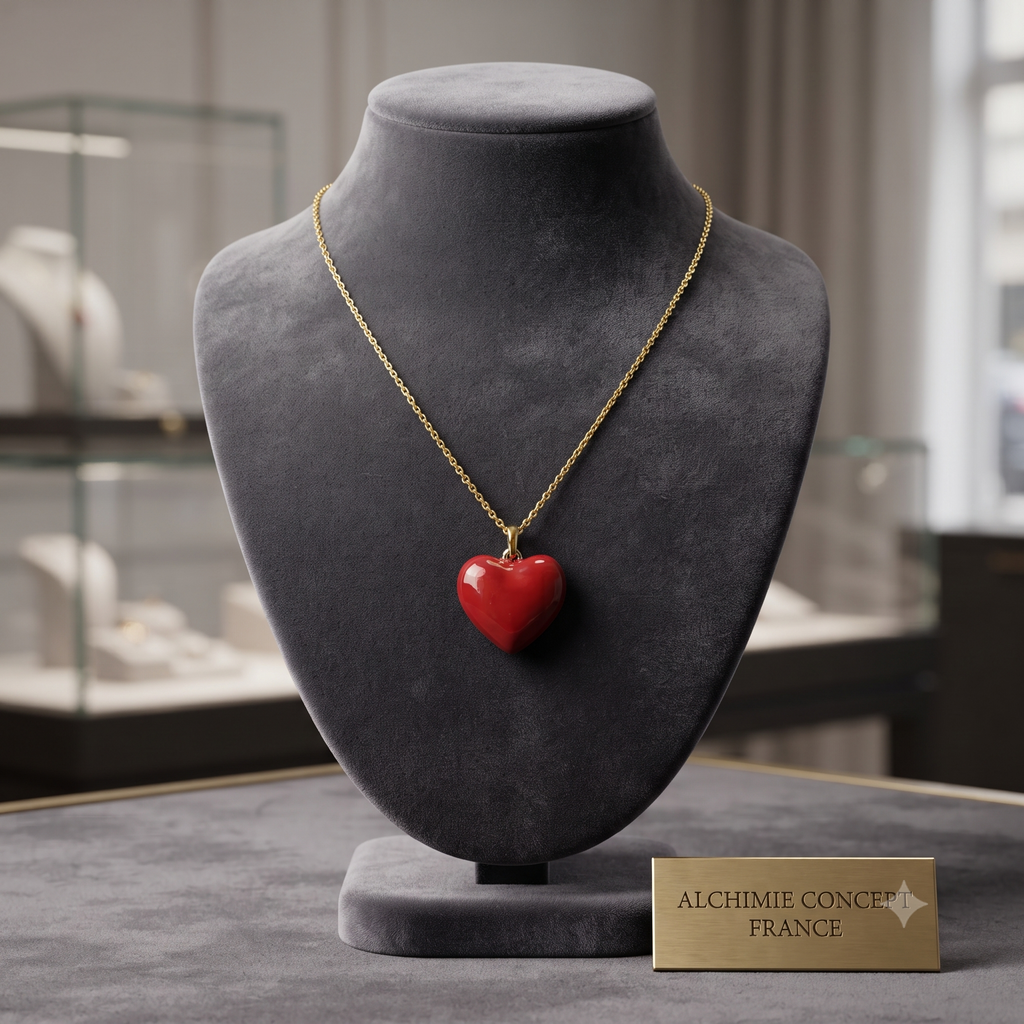 Collier Doré Pendentif Cœur Émail Rouge – Chaîne 45 cm Plaqué Or 1 Micron