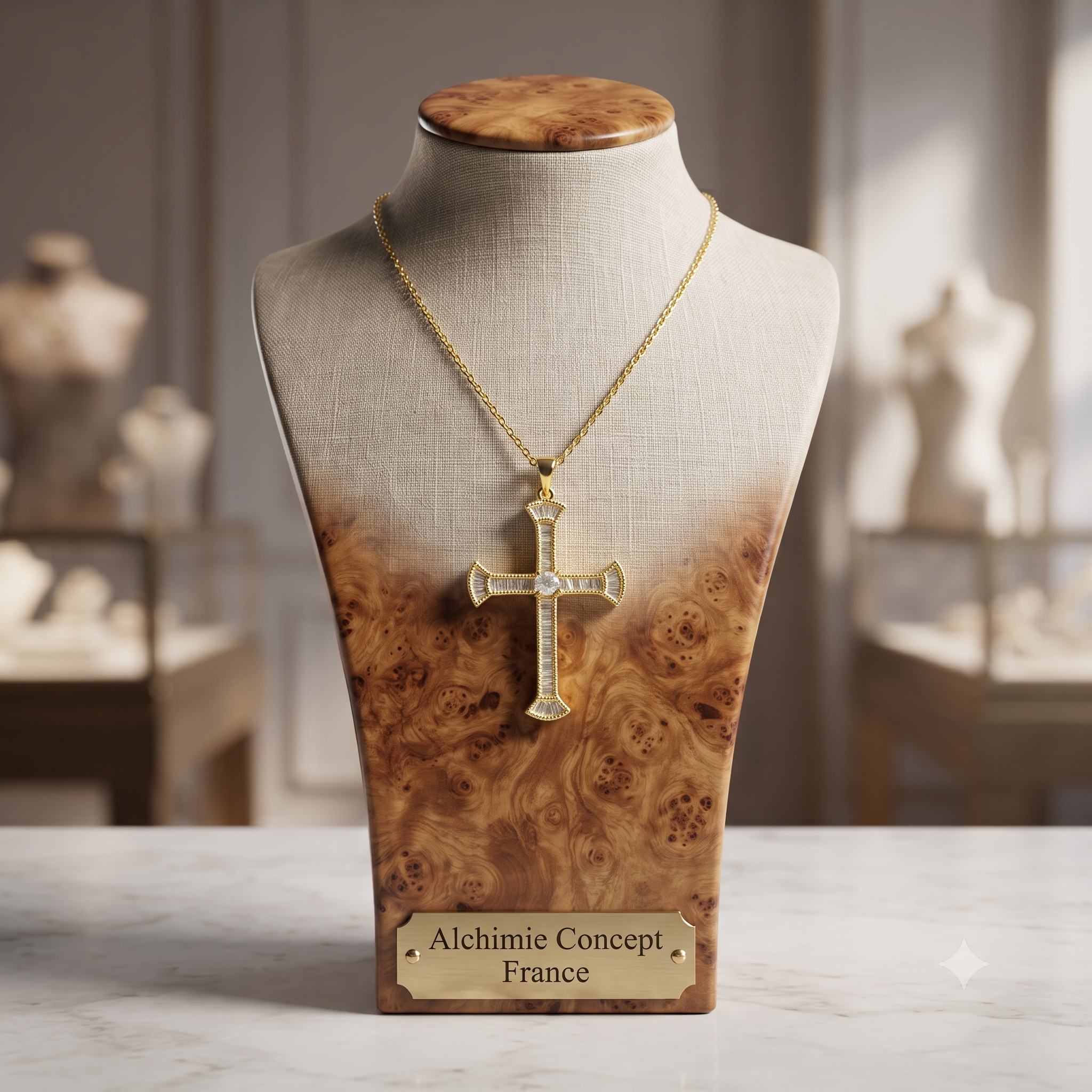 Collier Doré Chaîne Délicate & Pendentif Croix Zirconiums Sertis | Plaqué Or 1 Micron