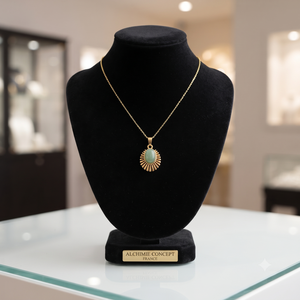 Collier Doré Pendentif Aventurine Naturelle – Chaîne 45 cm | Bijou Lithothérapie