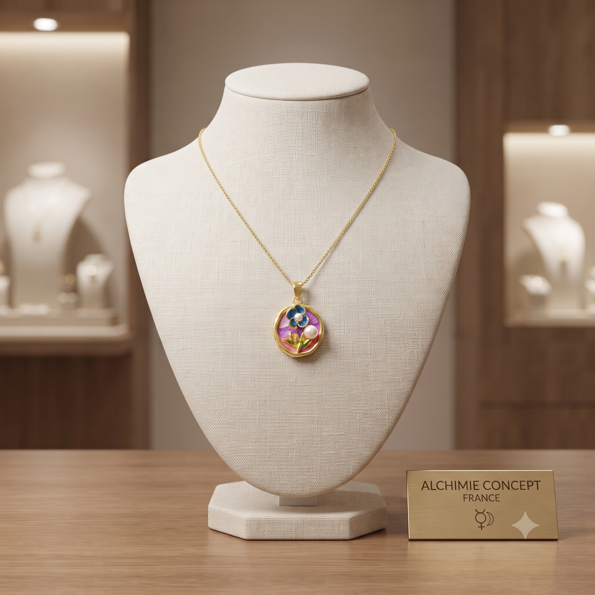 Collier Doré Pendentif Floral Émail Zirconiums Sertis – Plaqué Or 1 Micron