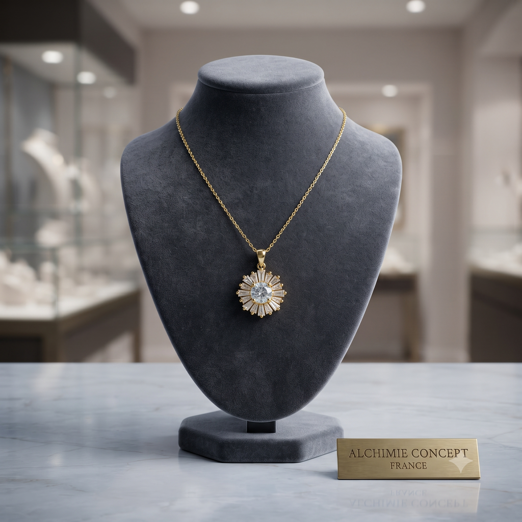 Collier Doré Pendentif Fleur & Zirconiums Étincelants | Bijou Femme Luxe Nature