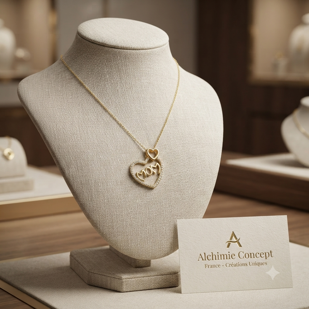 Collier Doré Double Cœur Mom – Zirconiums Blancs Sertis | Cadeau Fête des Mères