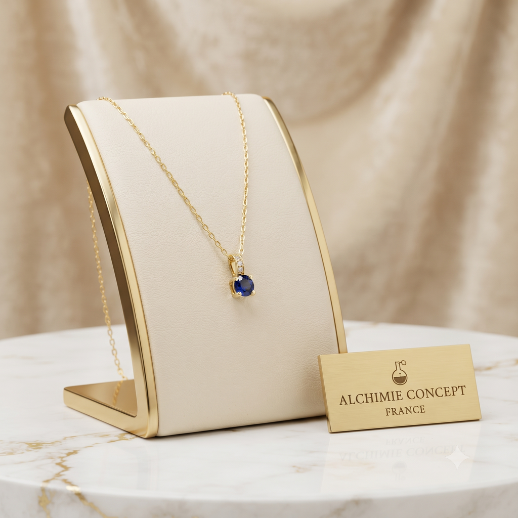Collier Pendentif Oxyde Bleu Nuit & Zirconiums sur Bélière Dorée – Plaqué Or 1 Micron