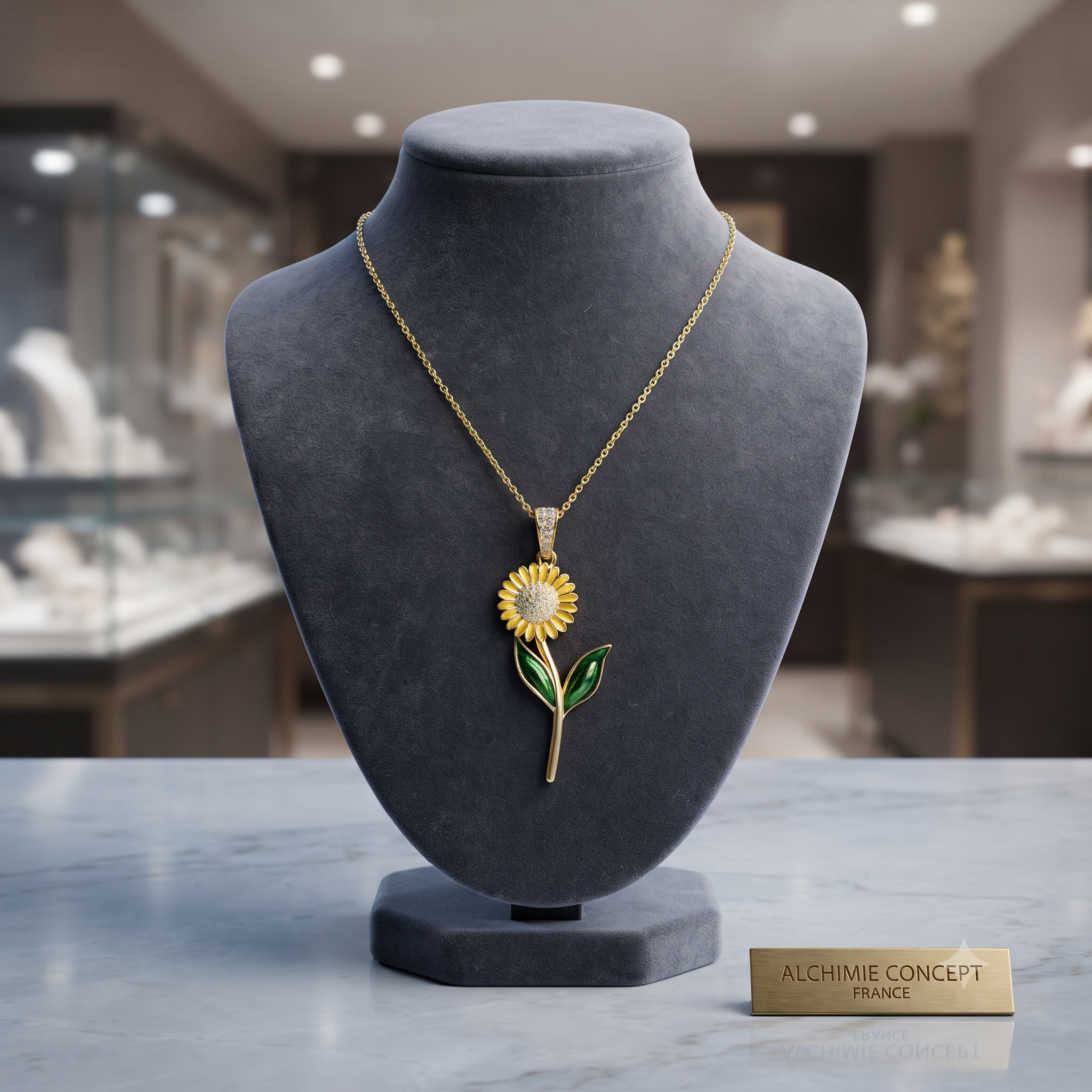 Collier Doré Pendentif Fleur Émail Multicolore & Zirconiums – Grand Format 42mm | Bijou Statement