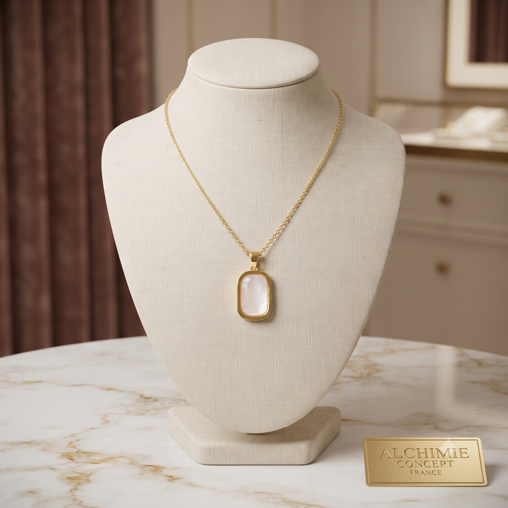 Collier Pendentif Rectangle Nacre Véritable Doré à l'Or Fin – Plaqué Or 1 Micron