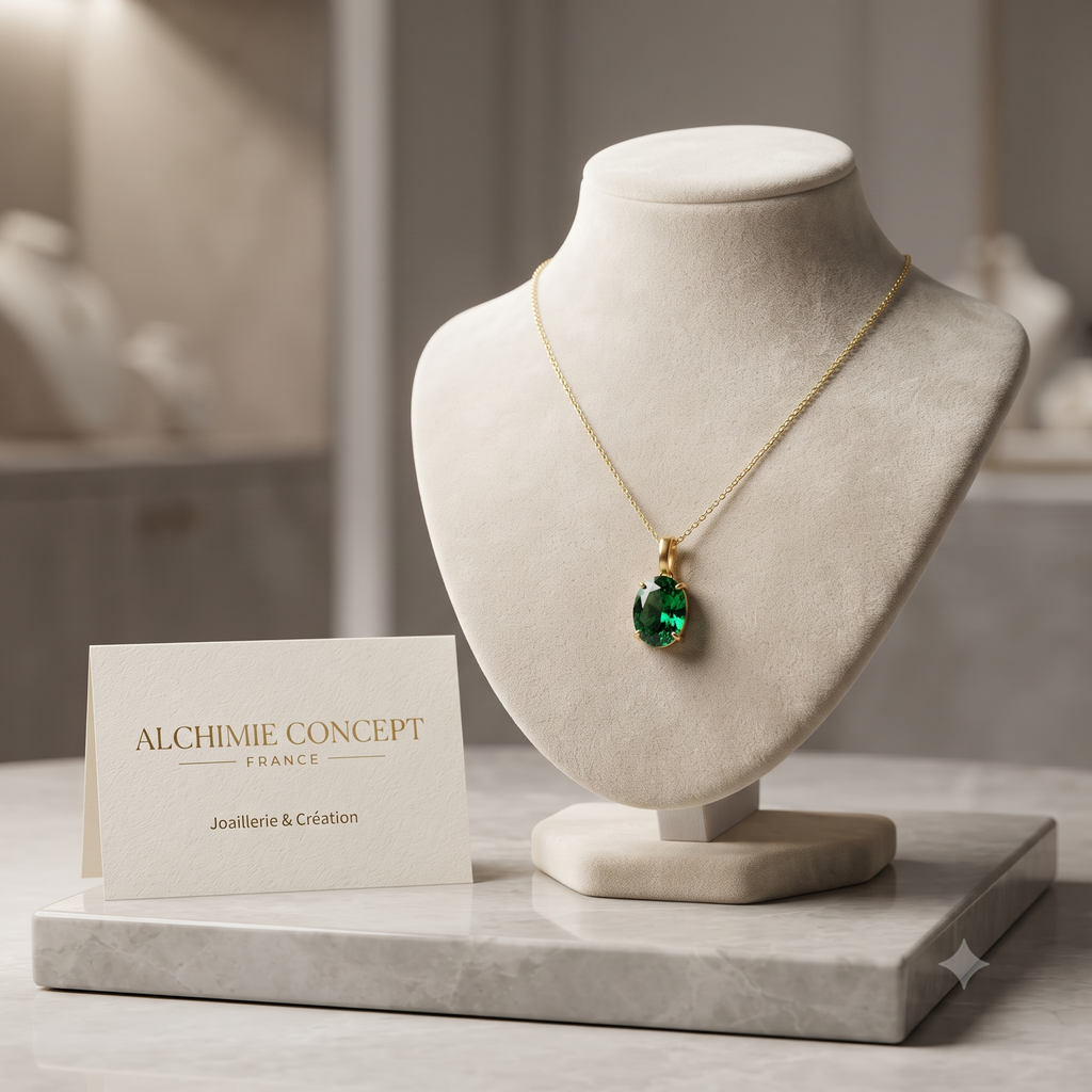 Collier Pendentif Solitaire Zirconium Vert Émeraude Serti Doré – Plaqué Or 1 Micron