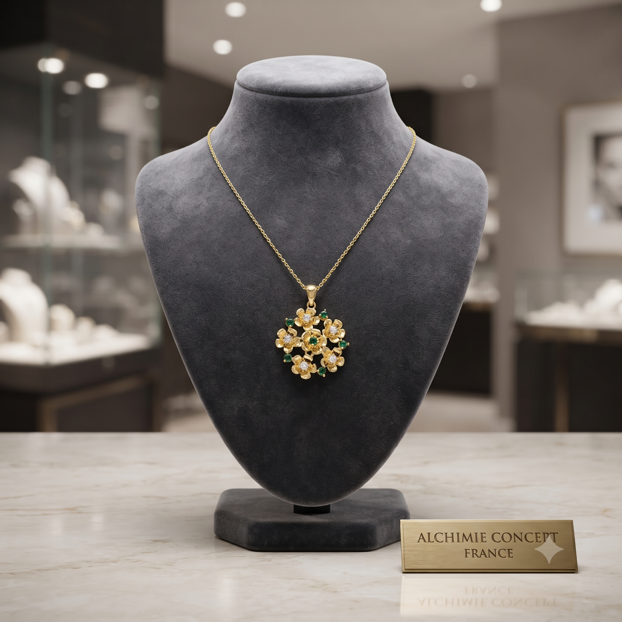 Collier Doré Pendentif Fleurs Vertes & Zirconiums Sertis | Bijou Femme Luxe