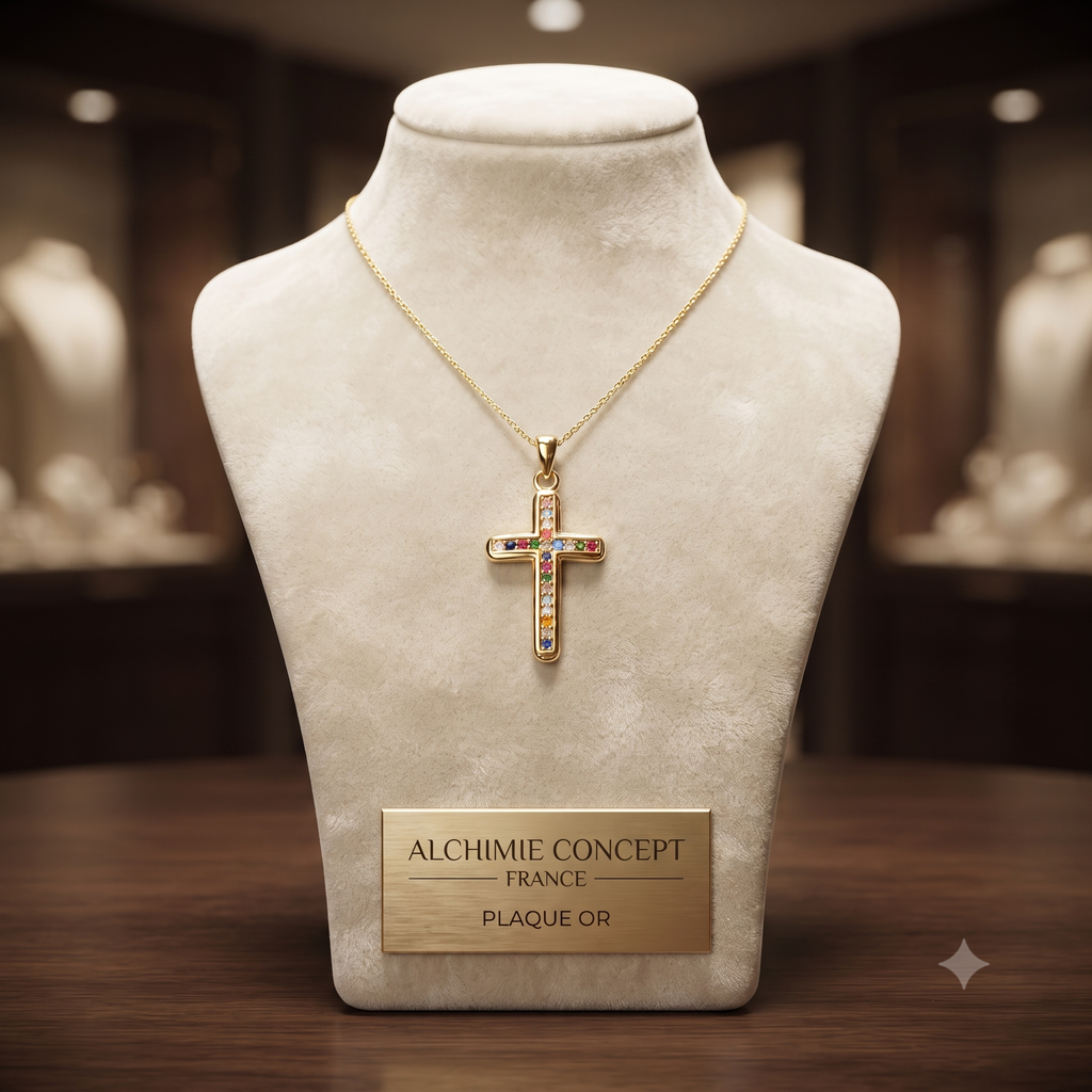 Collier Chaîne Pendentif Croix Religieuse Zirconiums Couleurs Sertis - Doré | Foi & Couleurs
