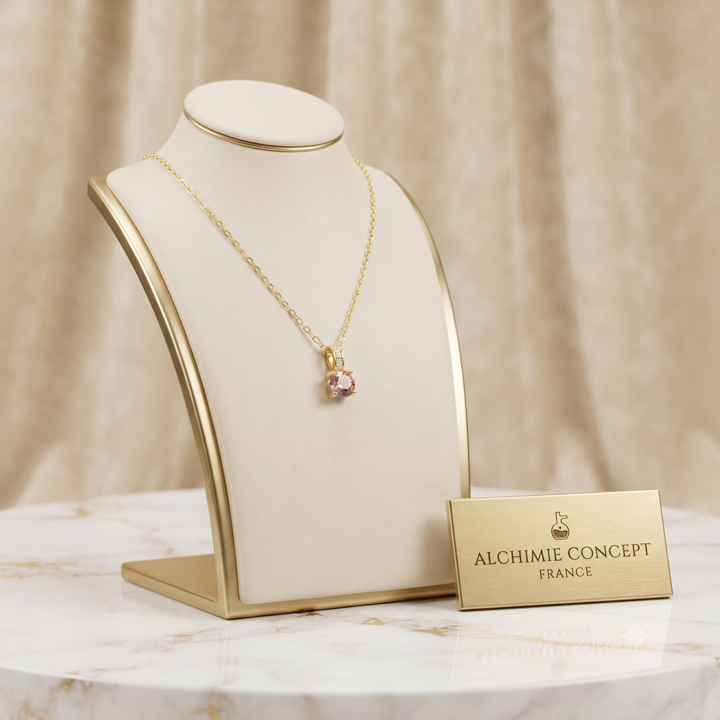 Collier Pendentif Oxyde Mauve & Zirconiums sur Bélière Dorée – Plaqué Or 1 Micron
