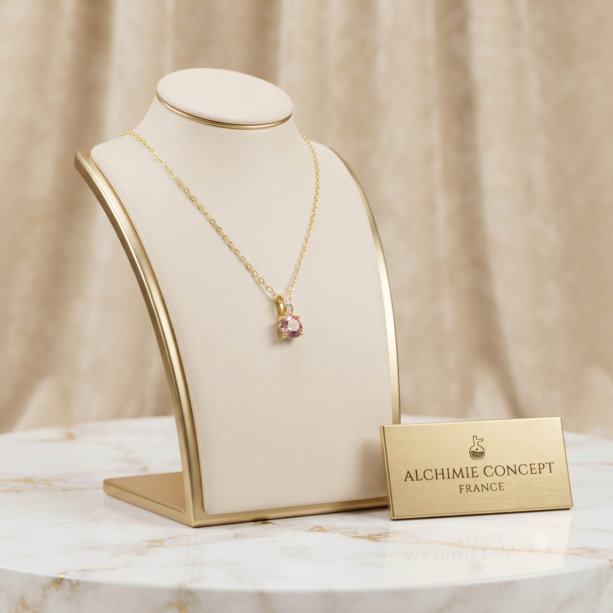 Collier Pendentif Oxyde Mauve & Zirconiums sur Bélière Dorée – Plaqué Or 1 Micron