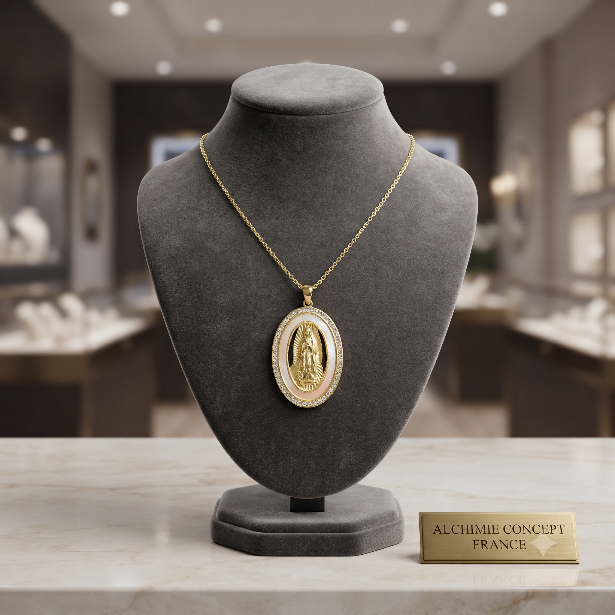 Collier Doré Pendentif Vierge Marie Nacre & Zirconiums Sertis – Chaîne 45 cm Plaqué Or 1 Micron