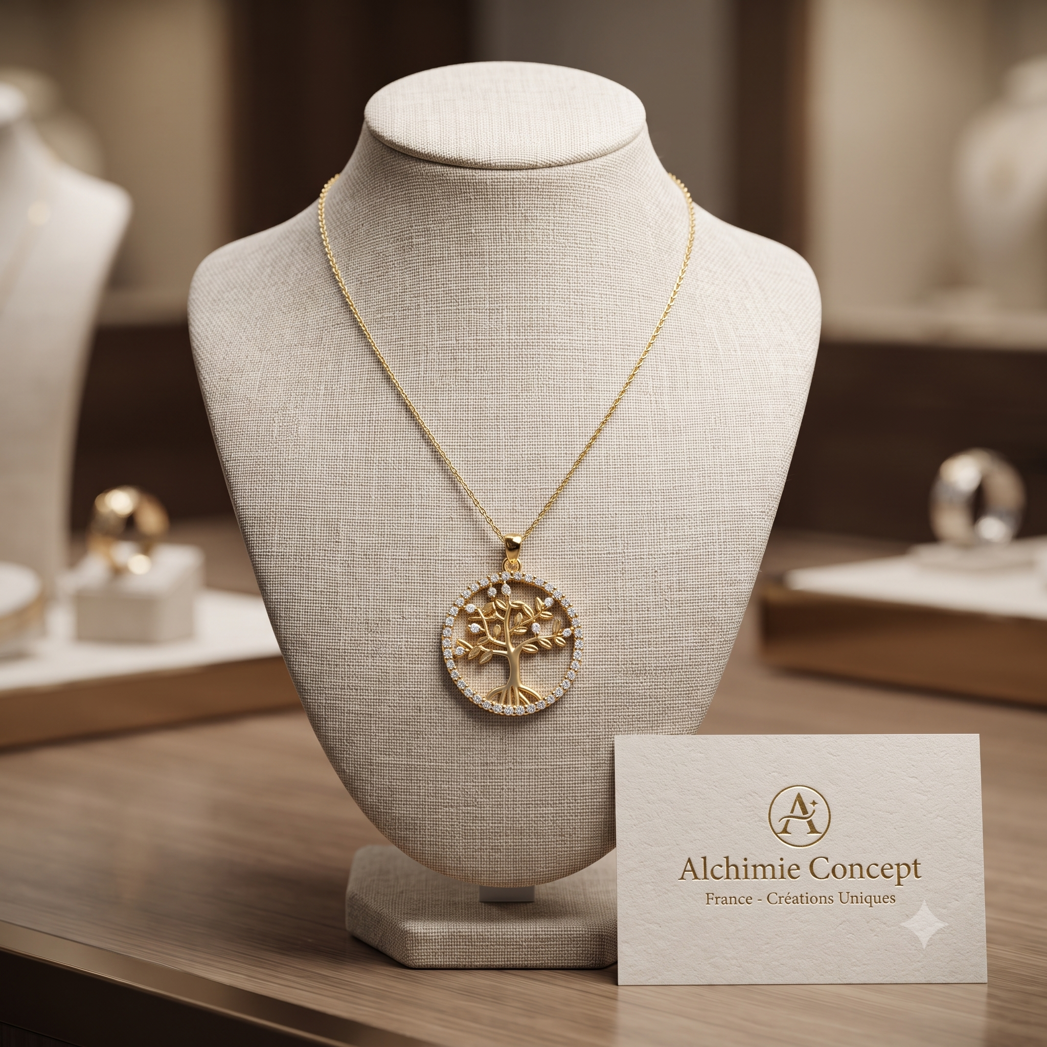 Collier Doré Arbre de Vie Zircone Blanche – Pendentif Étincelant | Bijou Prestige