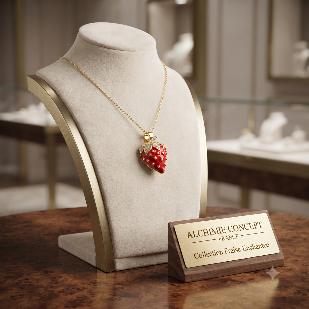 Collier Doré Pendentif Fraise Orné de Zirconiums Sertis | Chaîne 45 cm