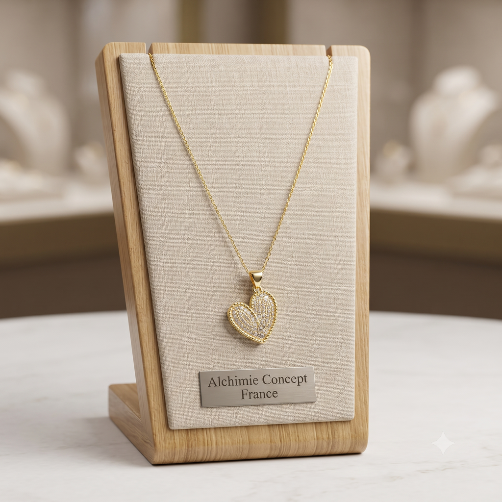 Collier Doré Pendentif Cœur Zirconiums – Chaîne 45 cm | Bijou Intemporel