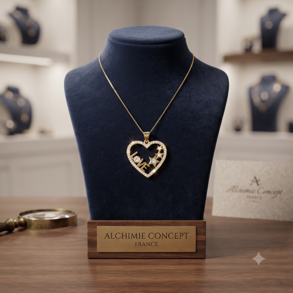 Collier Pendentif Cœur Love Zirconiums Blancs Sertis Doré – Plaqué Or 1 Micron