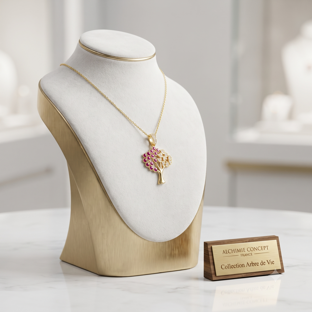 🌳 Collier Doré Pendentif Arbre de Vie Zirconiums Blancs & Émail | Chaîne 45cm | Plaqué Or 1 Micron