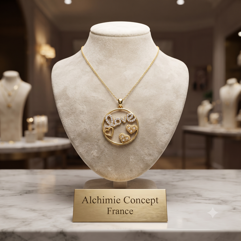 Collier Pendentif Love Cœur Zirconiums Sertis Doré – Grand Format | Plaqué Or 1 Micron