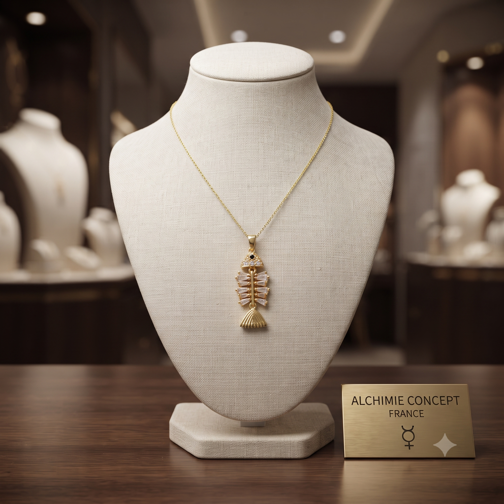 Collier Pendentif Petit Poisson Zirconiums & Oxydes Blancs Doré – Plaqué Or 1 Micron | Bijou Femme