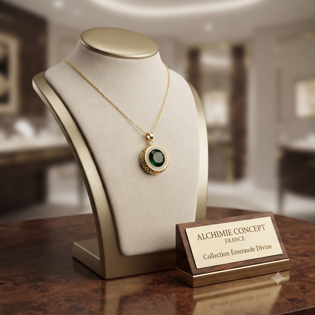 Collier Doré Pendentif Rosace Verte Orné de Zirconiums Sertis | Chaîne 45 cm